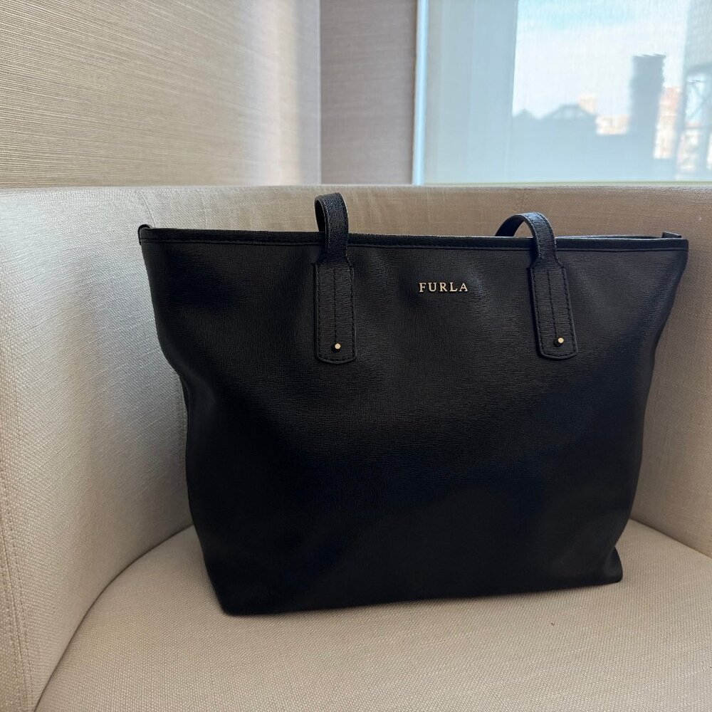 Furla Black Leather Tote Bag - Spacious, Elegant, Perfect for Work or Casual